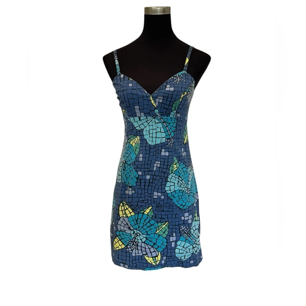Lilly Pulitzer Blue Mosaic Butterfly Print Mini Dress Women’s Size 2 Y2K